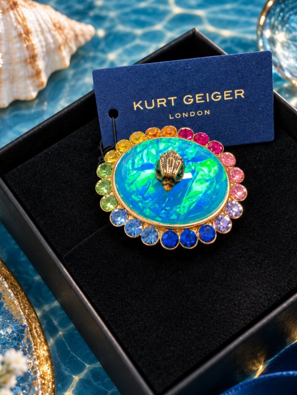 Kurt Geiger London Rainbow Crystal Brooch Blue Opal Eagle Gold Tone Pin NWT